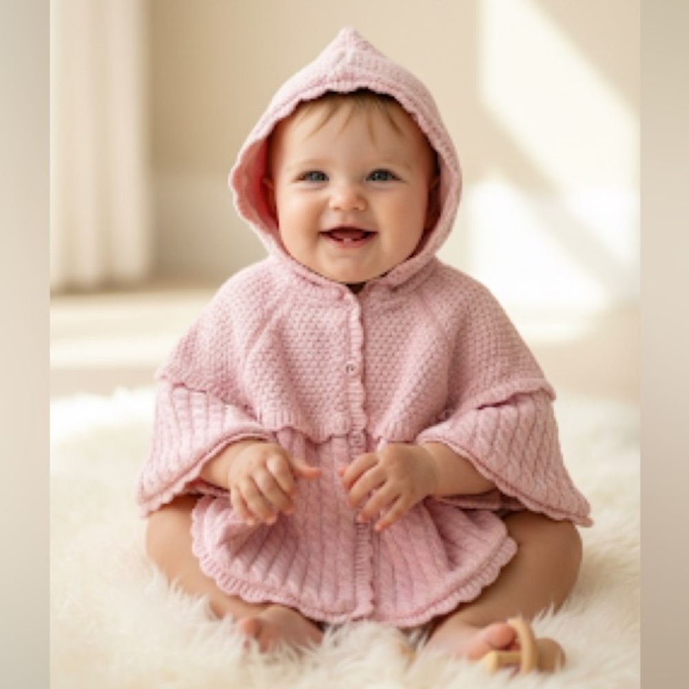 SARAH LOUISE Girls Pink Knitted Hooded Cape Poncho 6 months